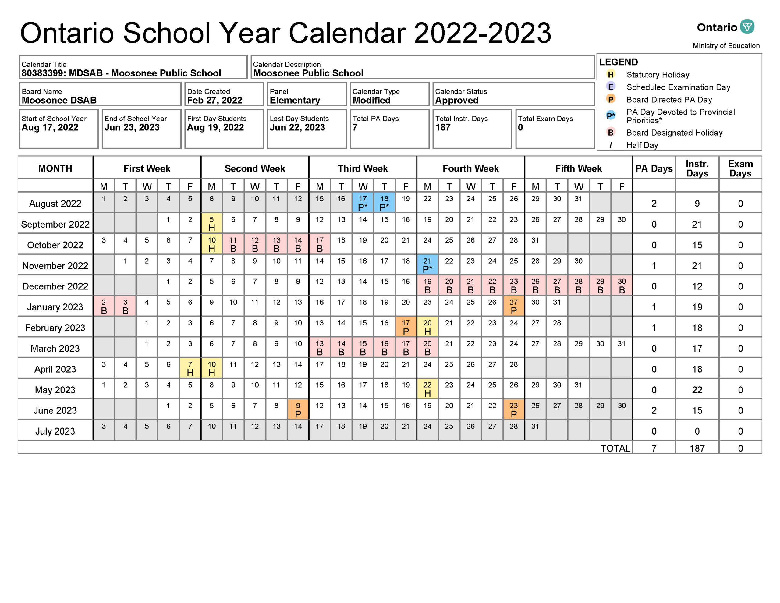 School Year Calendar Moosonee District School Area Board